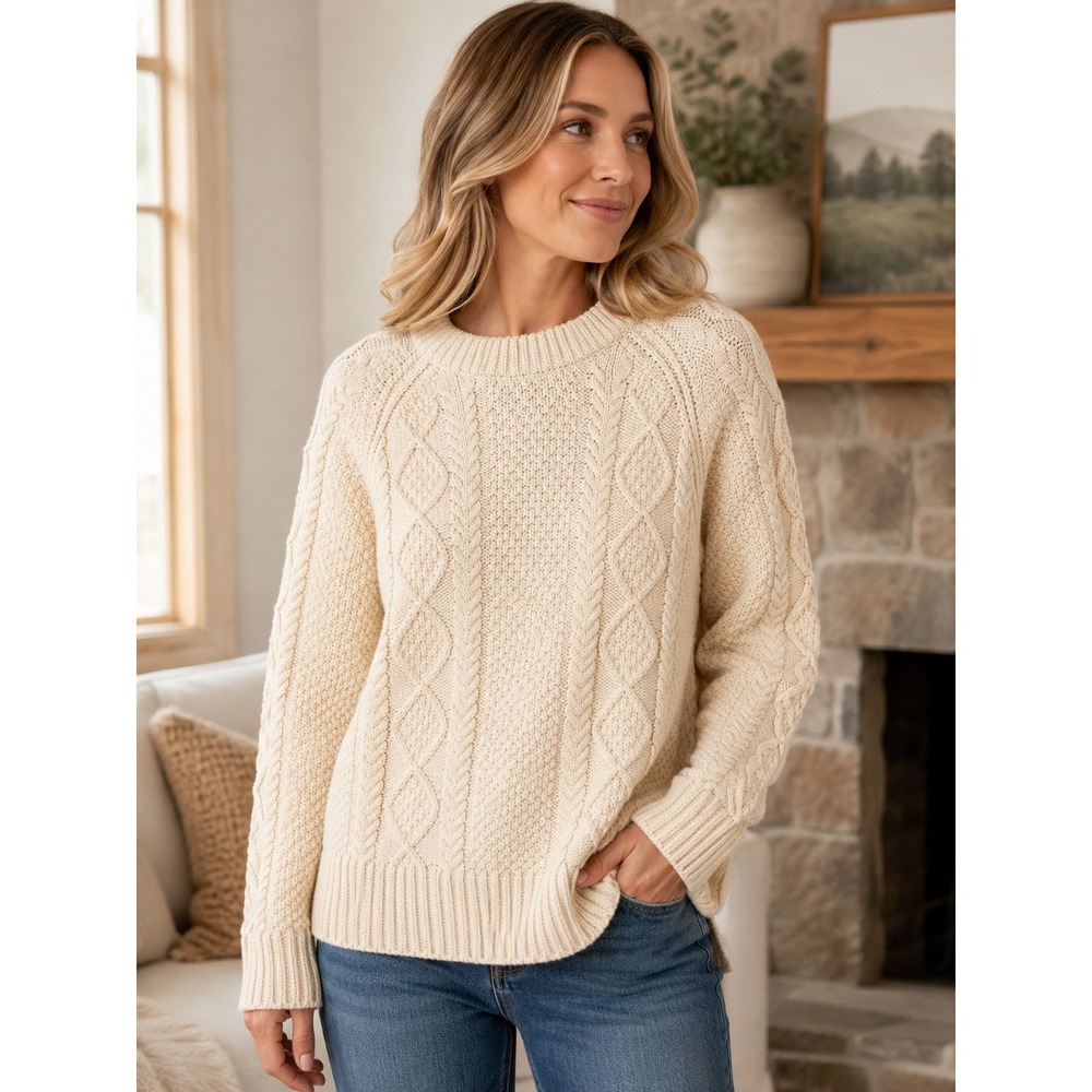 LL Bean Signature Womens Cream 100% Cotton Cable Knit Sweater Large 297466